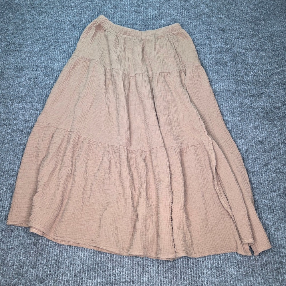 Unbranded Tiered Maxi Skirt Womens XL Tan Boho Cottagecore High Slit Midweight